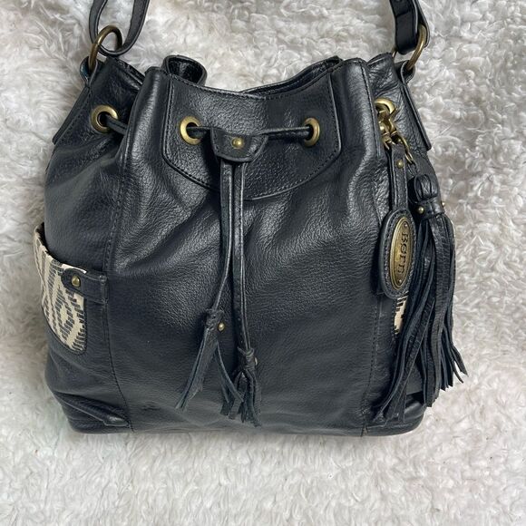 Born leather black shoulder bag drawstring tassels accent side pockets - Picture 3 of 12
